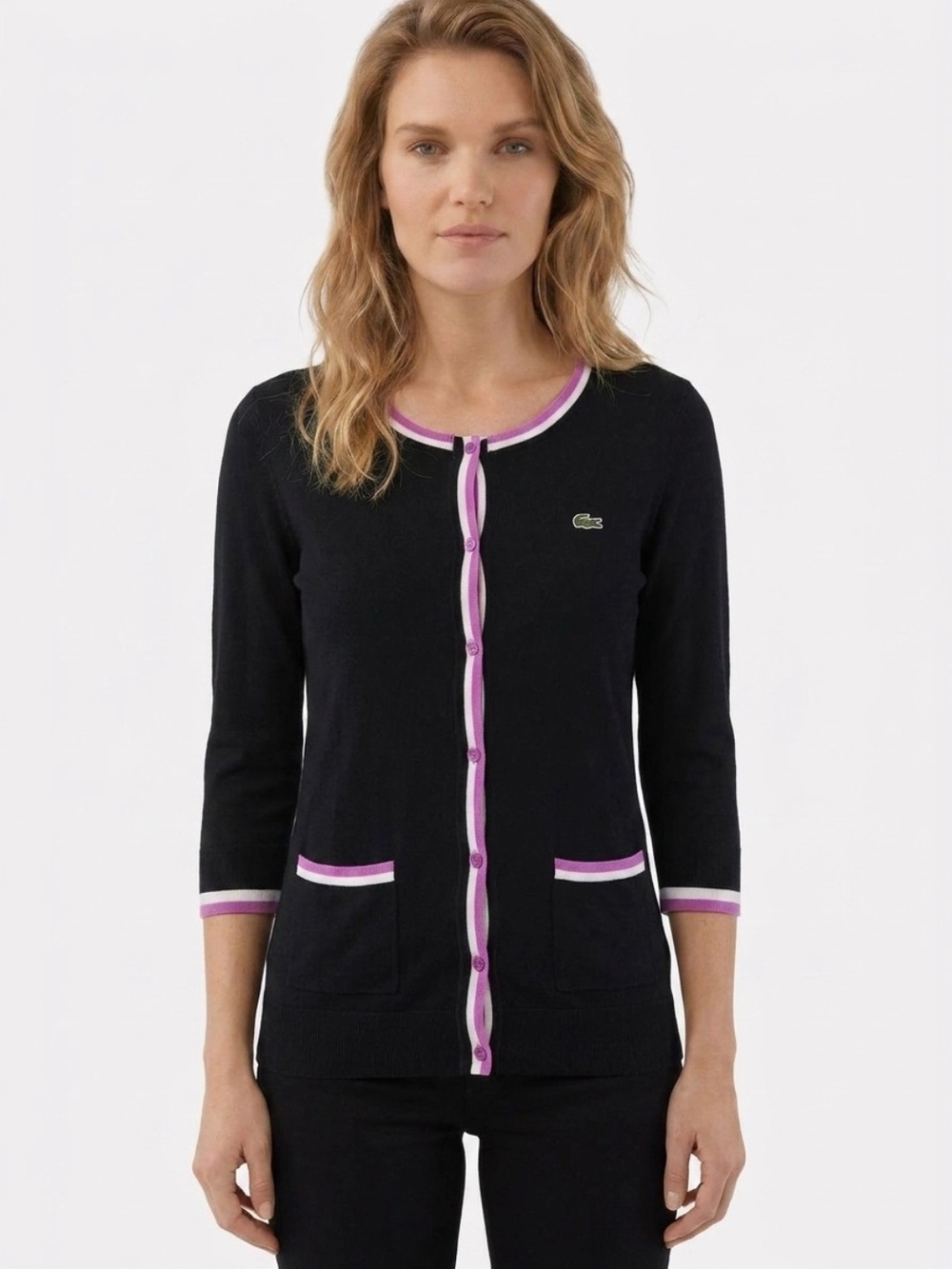 LACOSTE NAVY SWEATER CARDIGAN WITH PLUM PIPING SZ XS S